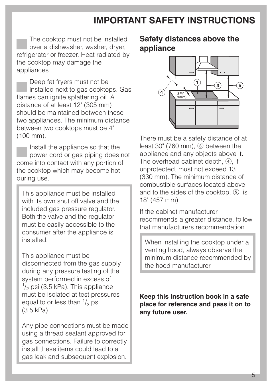Important safety instructions, Safety distances above the appliance | Miele KM 342 User Manual | Page 5 / 20