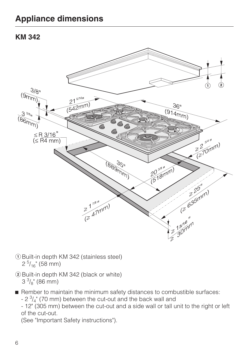 Appliance dimensions 6, Appliance dimensions, Km 342 | Miele KM 342 User Manual | Page 6 / 20