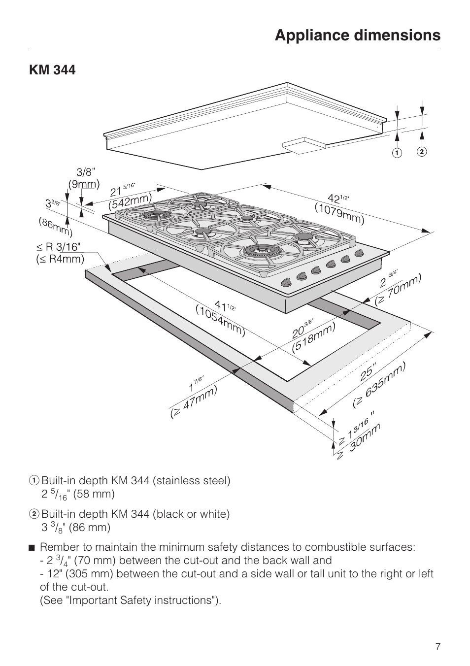 Appliance dimensions, Km 344 | Miele KM 342 User Manual | Page 7 / 20