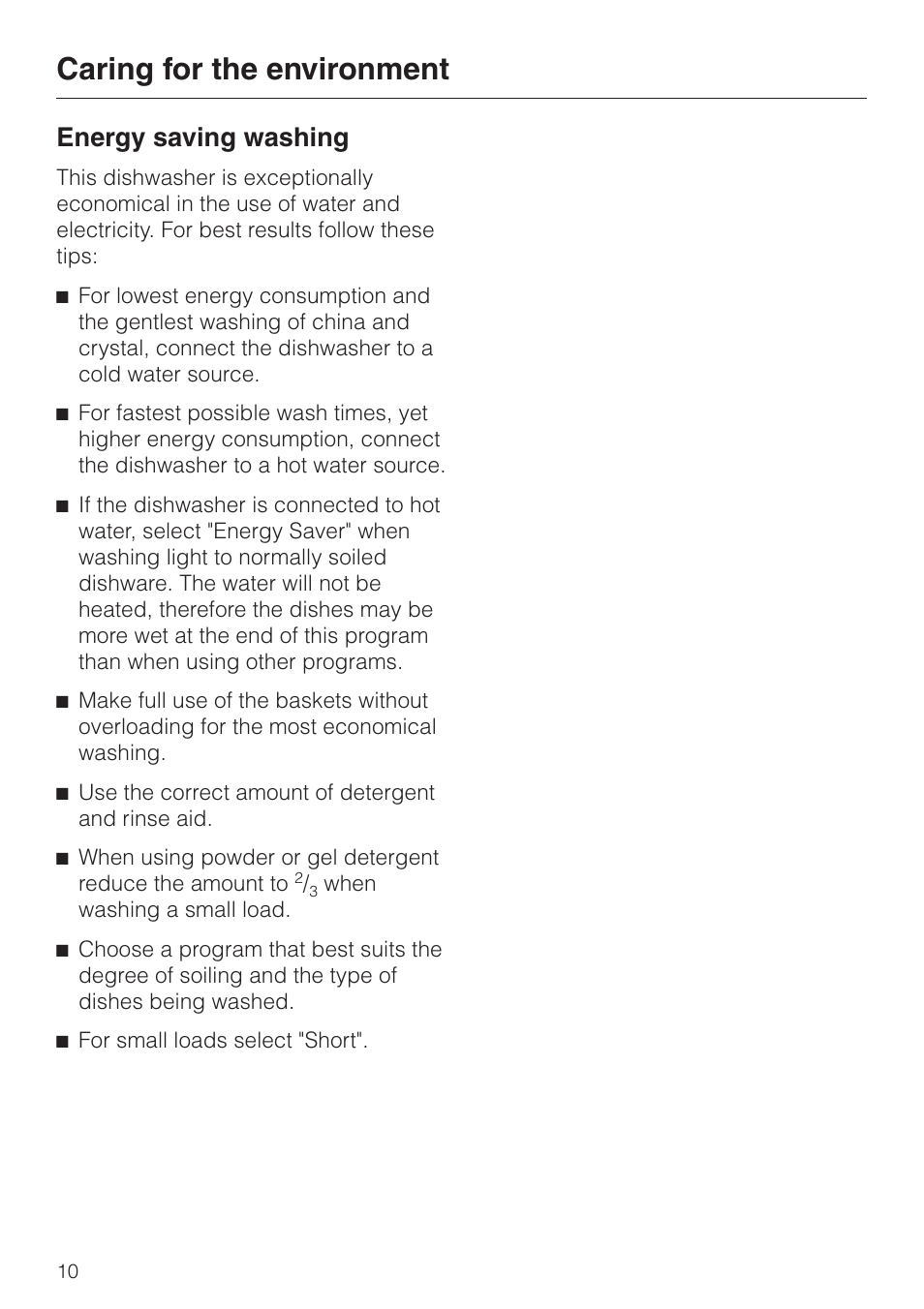 Caring for the environment 10, Caring for the environment, Energy saving washing | Miele G 2630 SCi User Manual | Page 10 / 72