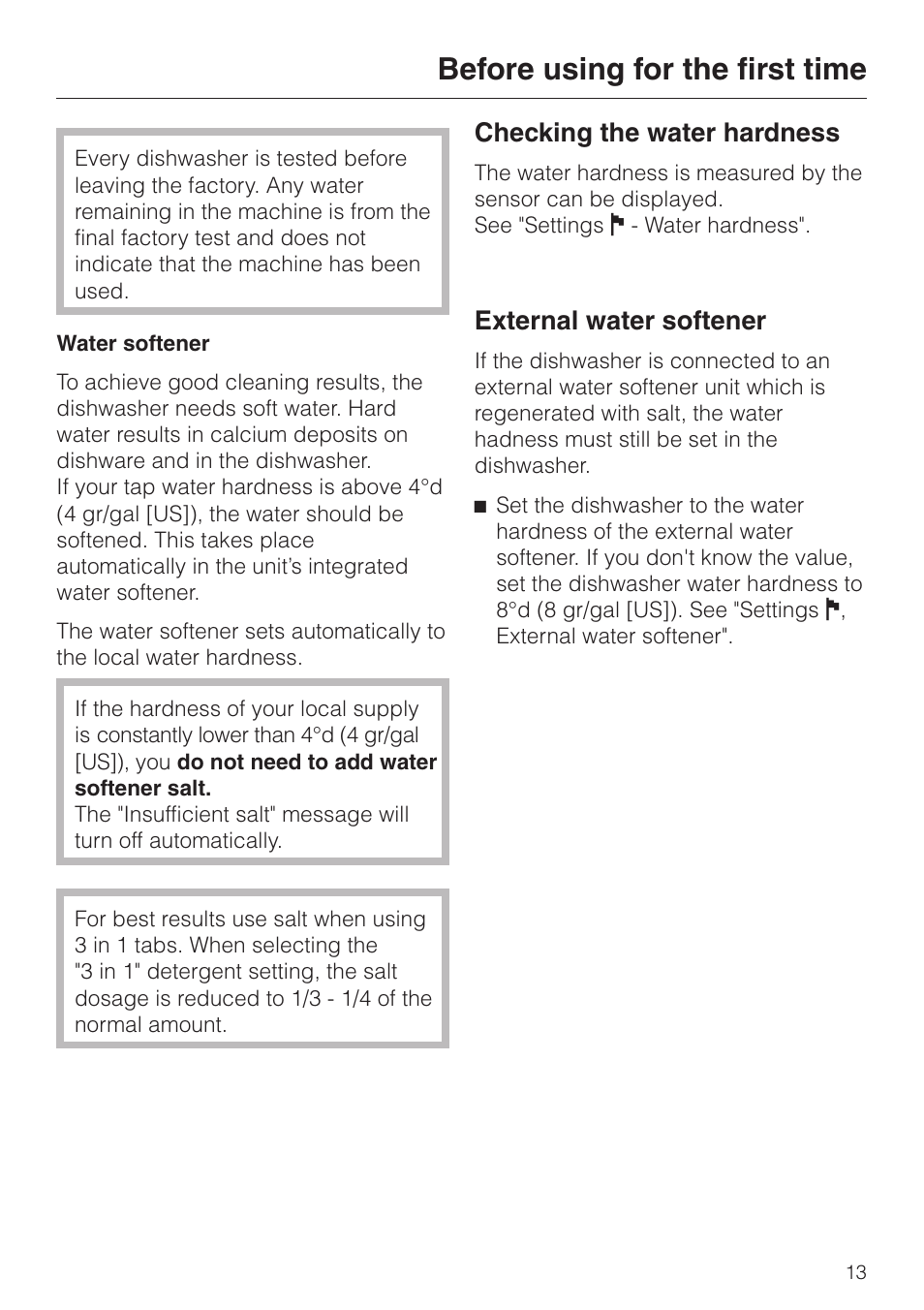 Water softener 13, Before using for the first time, Checking the water hardness | External water softener | Miele G 2630 SCi User Manual | Page 13 / 72