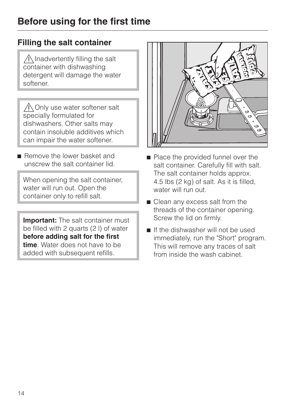 Filling the salt container 14, Before using for the first time, Filling the salt container | Miele G 2630 SCi User Manual | Page 14 / 72