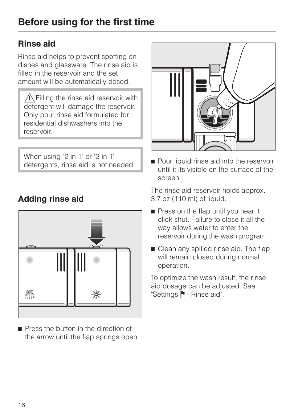 Rinse aid 16, Adding rinse aid 16, Before using for the first time | Rinse aid, Adding rinse aid | Miele G 2630 SCi User Manual | Page 16 / 72