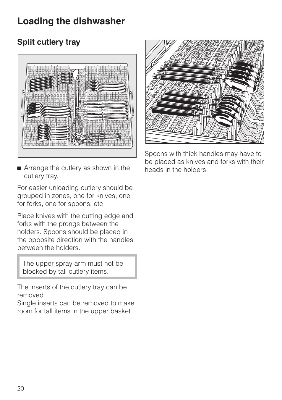 Split cutlery tray 20, Loading the dishwasher, Split cutlery tray | Miele G 2630 SCi User Manual | Page 20 / 72