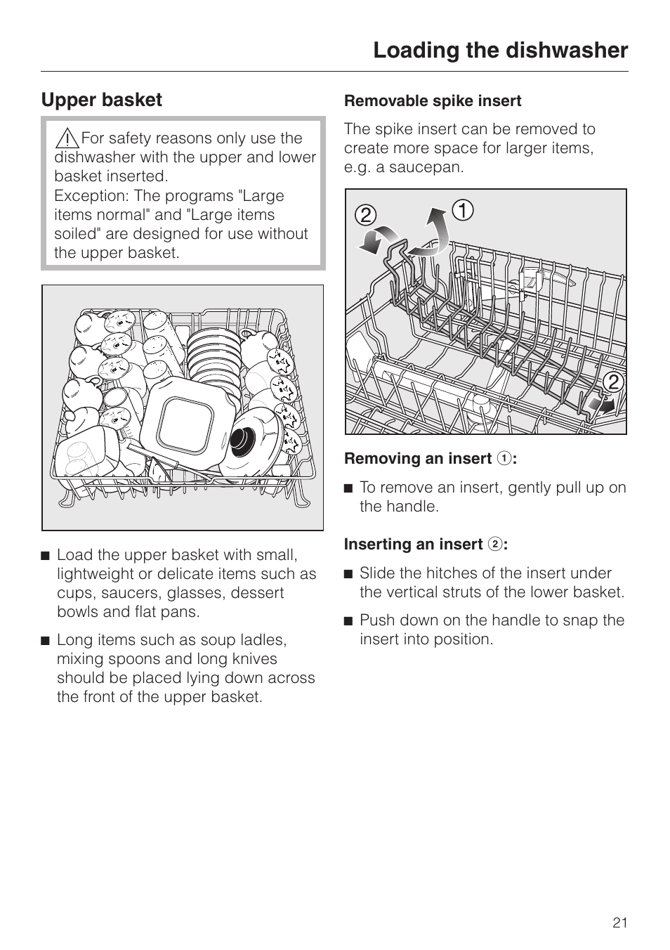 Upper basket 21, Removable spike insert 21, Loading the dishwasher | Upper basket | Miele G 2630 SCi User Manual | Page 21 / 72