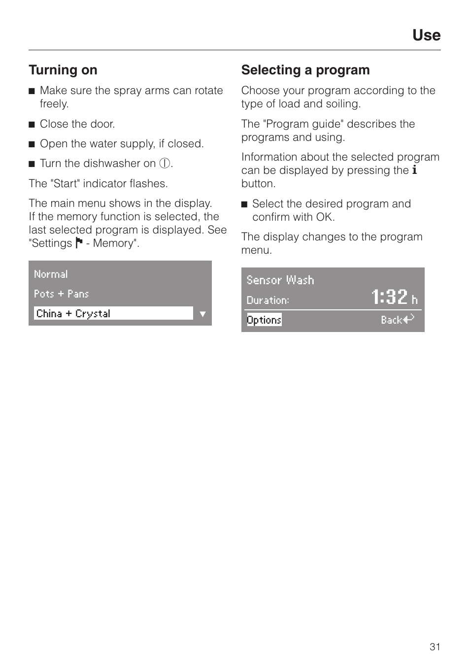 Turning on 31, Selecting a program 31, Turning on | Selecting a program | Miele G 2630 SCi User Manual | Page 31 / 72