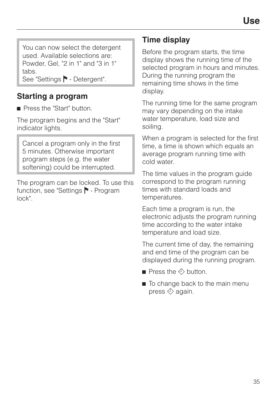 Starting a program 35, Time display 35, Starting a program | Time display | Miele G 2630 SCi User Manual | Page 35 / 72