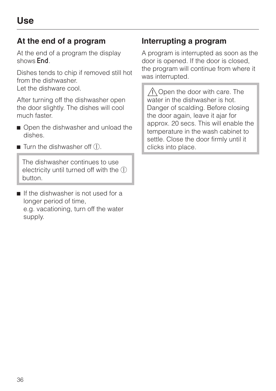 At the end of a program 36, Interrupting a program 36, At the end of a program | Interrupting a program | Miele G 2630 SCi User Manual | Page 36 / 72