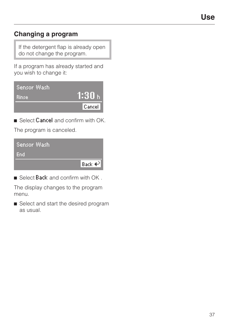 Changing a program 37, Changing a program | Miele G 2630 SCi User Manual | Page 37 / 72