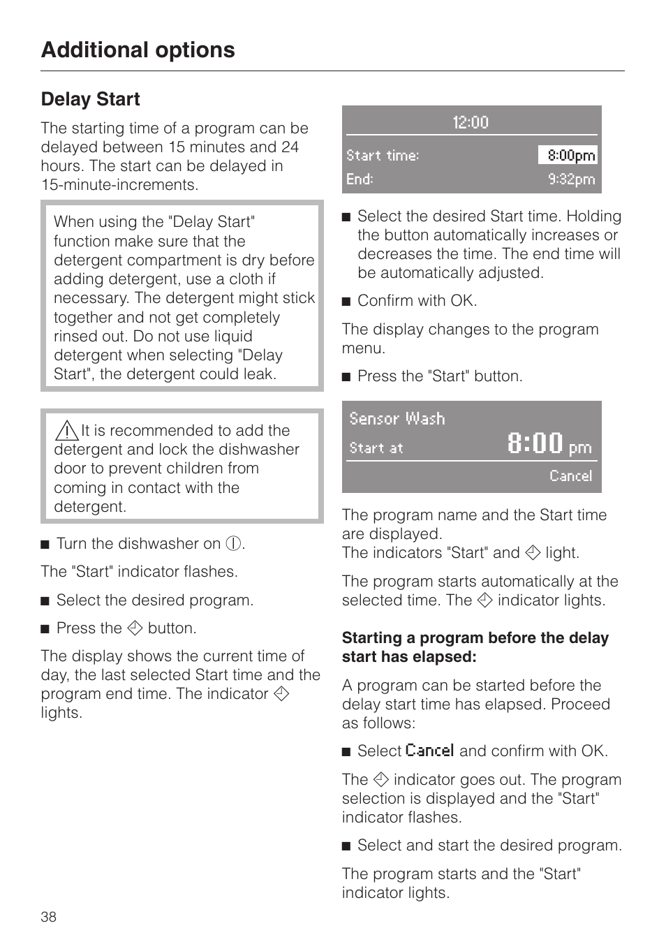 Additional options 38, Additional options, Delay start | Miele G 2630 SCi User Manual | Page 38 / 72