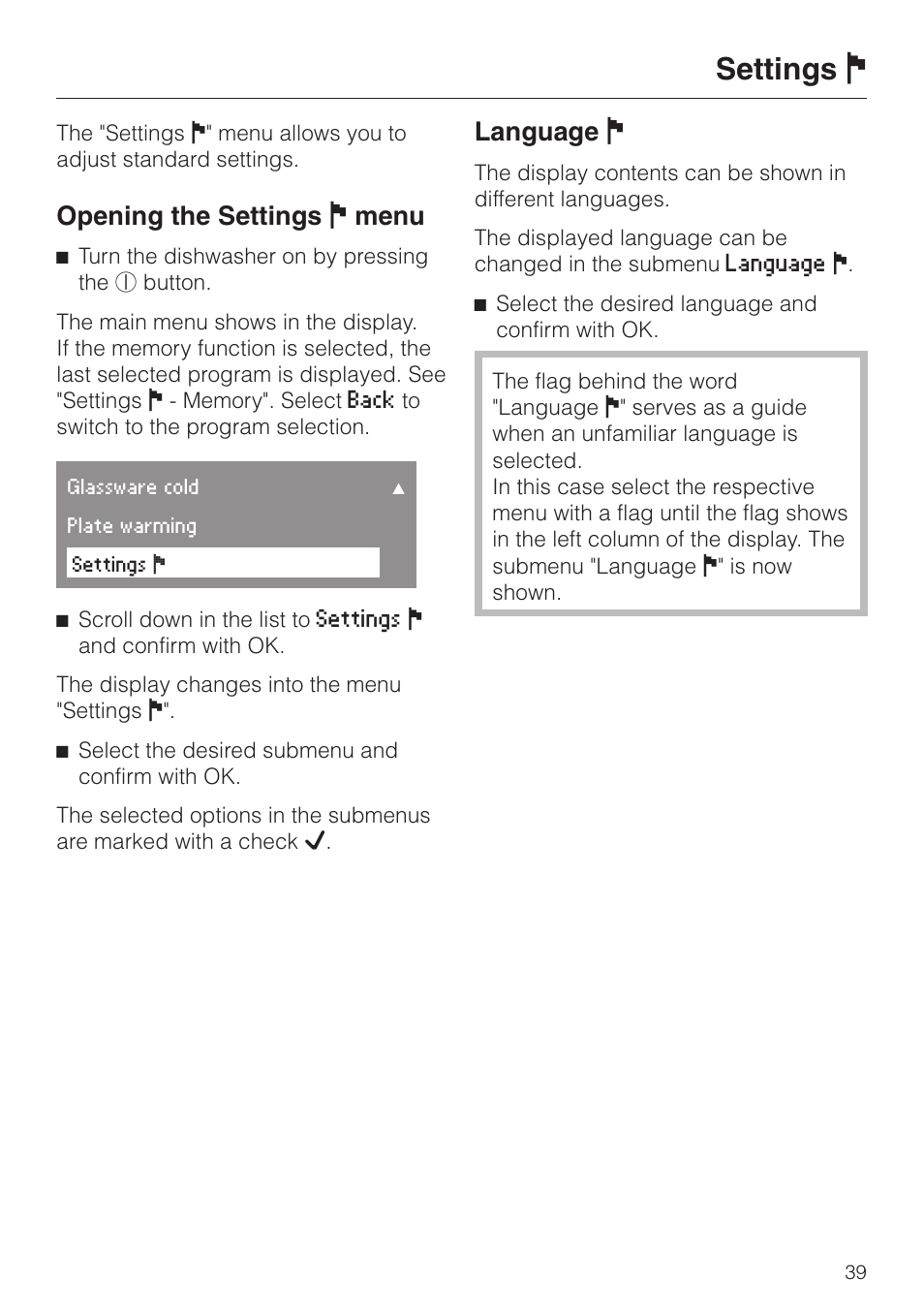 Settings j 39, Settings j, Opening the settings j menu | Language j | Miele G 2630 SCi User Manual | Page 39 / 72