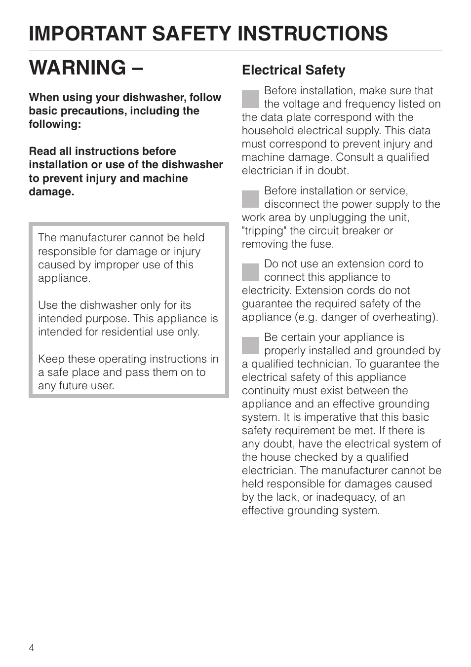 Important safety instructions 4, Warning, Important safety instructions | Miele G 2630 SCi User Manual | Page 4 / 72