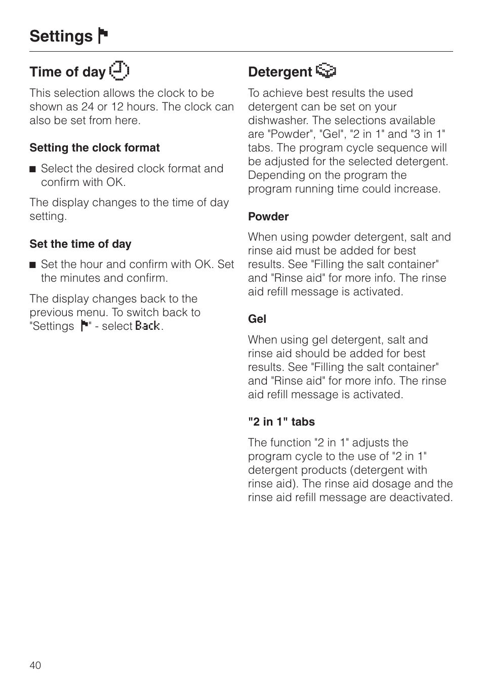 Settings j, Time of day y, Detergent z | Miele G 2630 SCi User Manual | Page 40 / 72