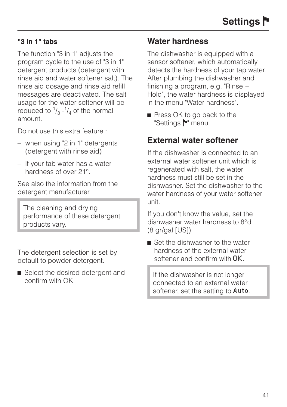 Settings j, Water hardness, External water softener | Miele G 2630 SCi User Manual | Page 41 / 72