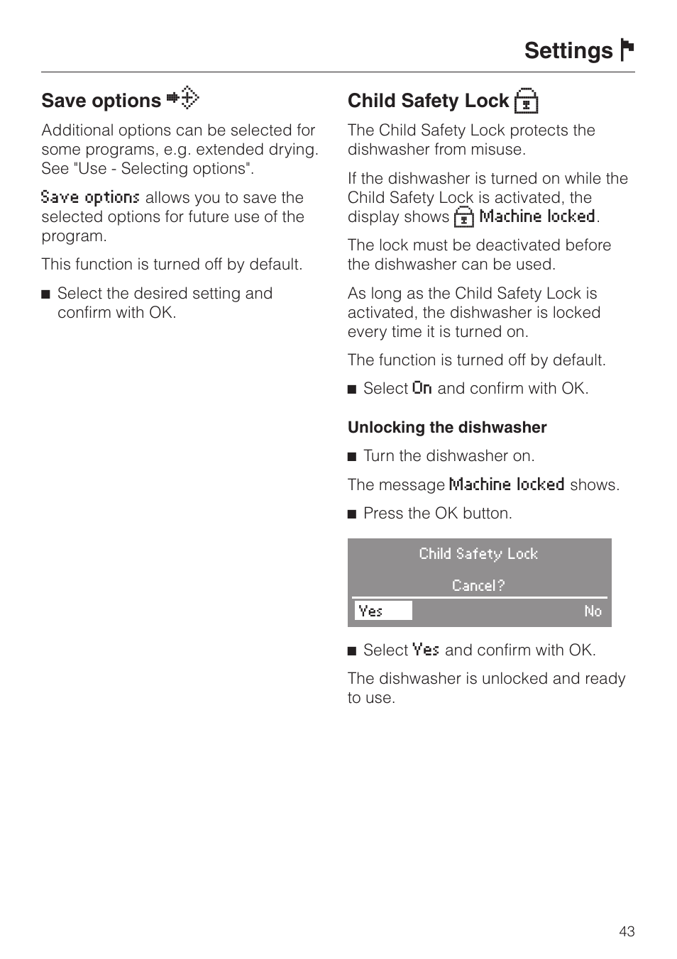 Settings j, Save options ö, Child safety lock x | Miele G 2630 SCi User Manual | Page 43 / 72