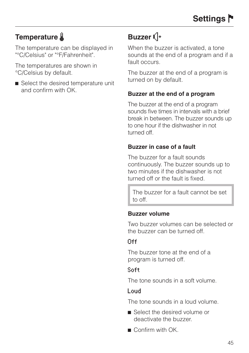 Settings j, Temperature, Buzzer o | Miele G 2630 SCi User Manual | Page 45 / 72