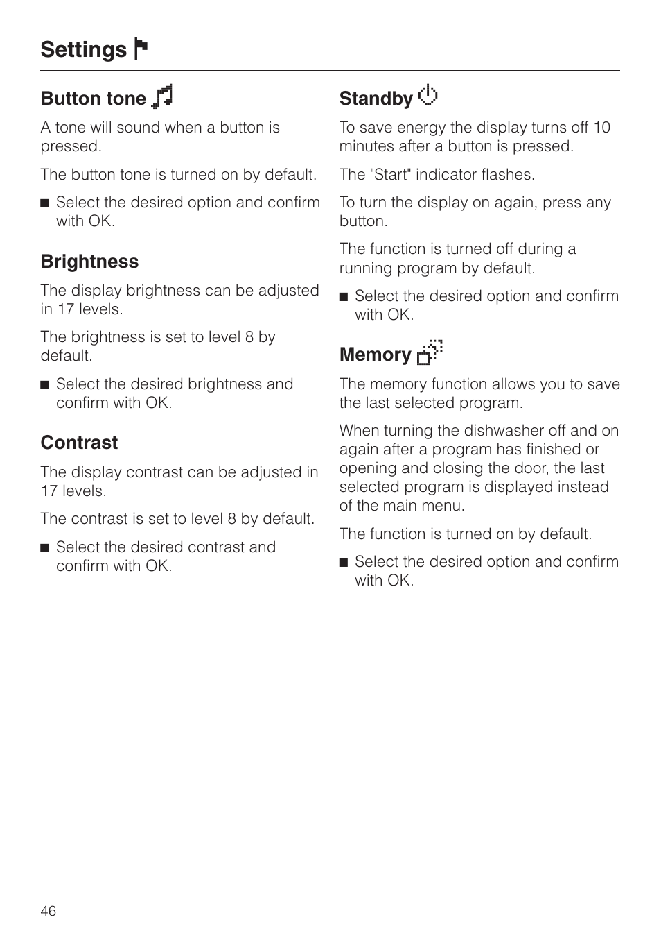 Settings j | Miele G 2630 SCi User Manual | Page 46 / 72