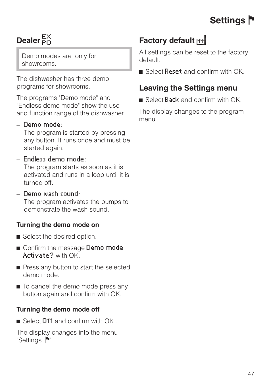 Settings j, Dealer, Factory default | Leaving the settings menu | Miele G 2630 SCi User Manual | Page 47 / 72