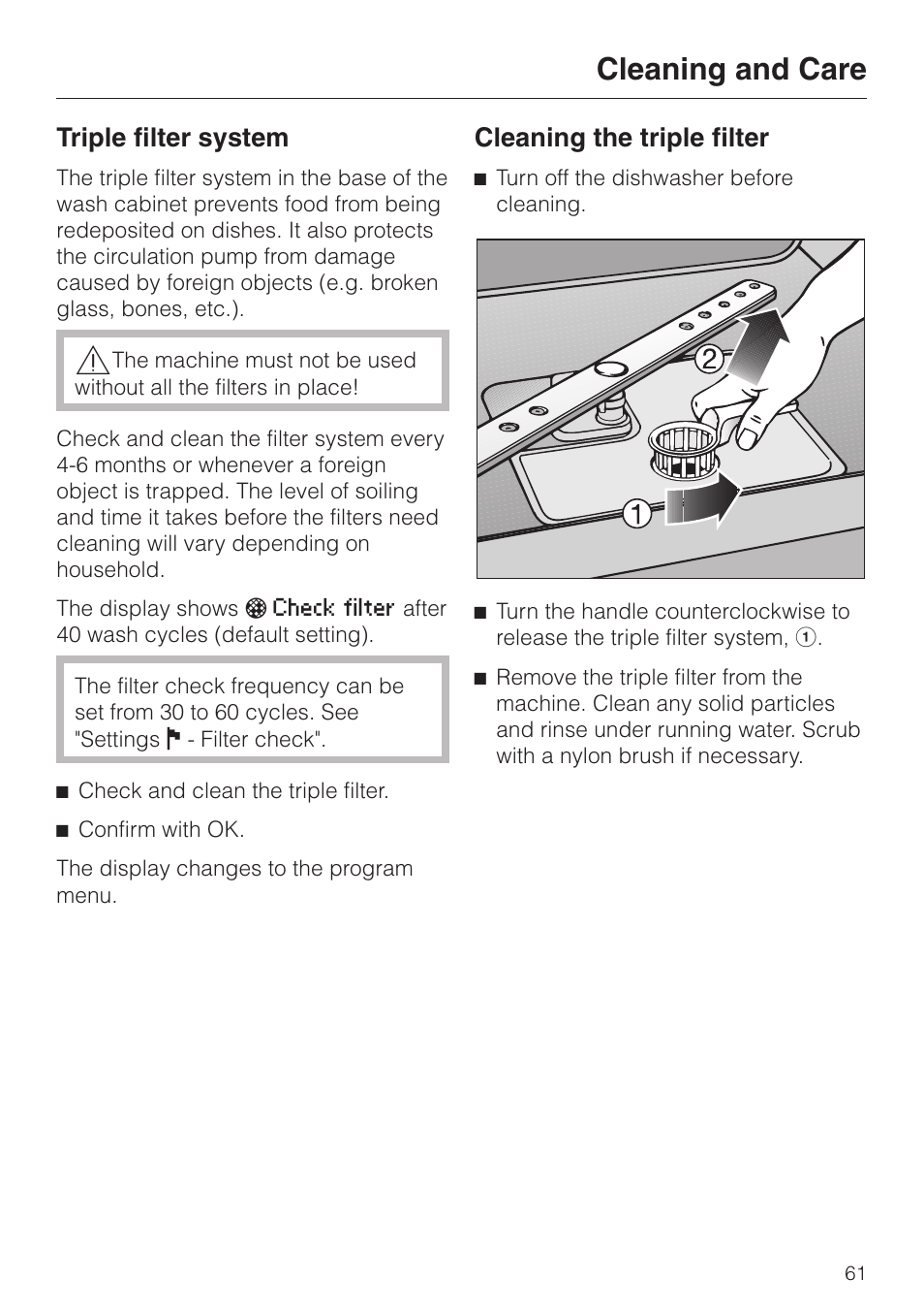Triple filter system 61, Cleaning and care, Triple filter system | Cleaning the triple filter | Miele G 2630 SCi User Manual | Page 61 / 72