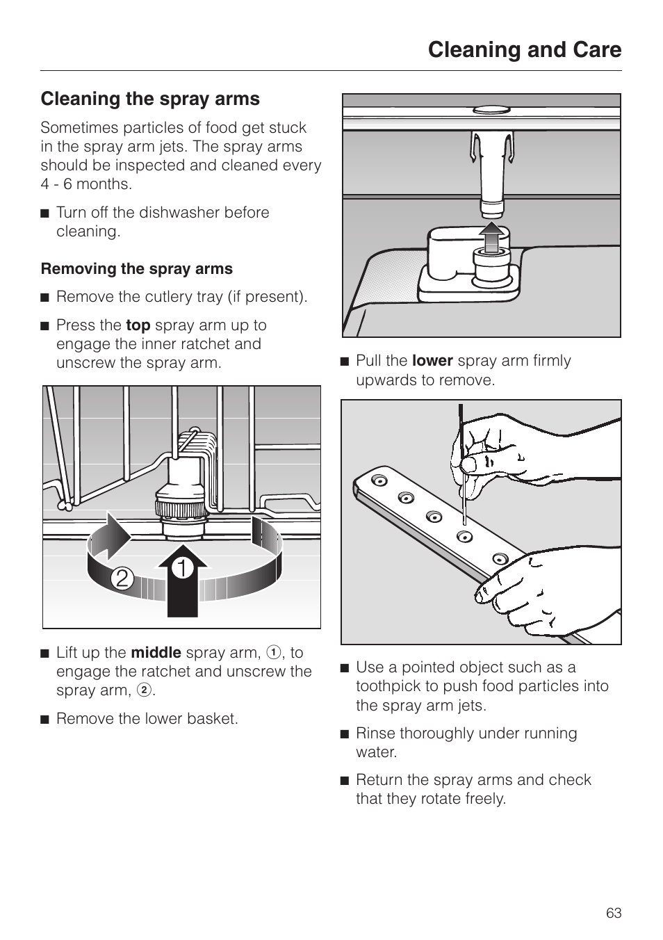 Cleaning the spray arms 63, Cleaning and care, Cleaning the spray arms | Miele G 2630 SCi User Manual | Page 63 / 72