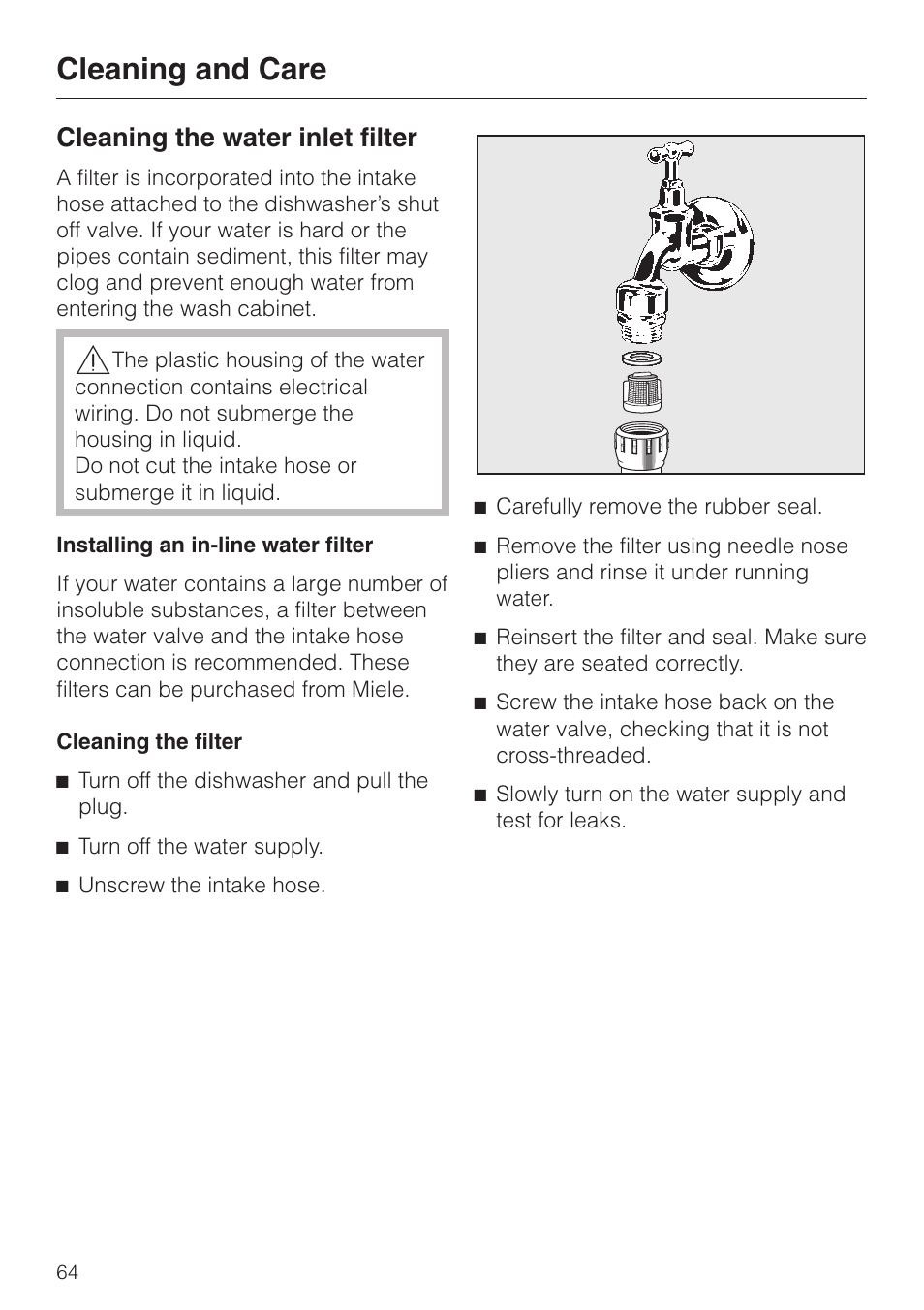 Cleaning the water inlet filter 64, Cleaning and care, Cleaning the water inlet filter | Miele G 2630 SCi User Manual | Page 64 / 72