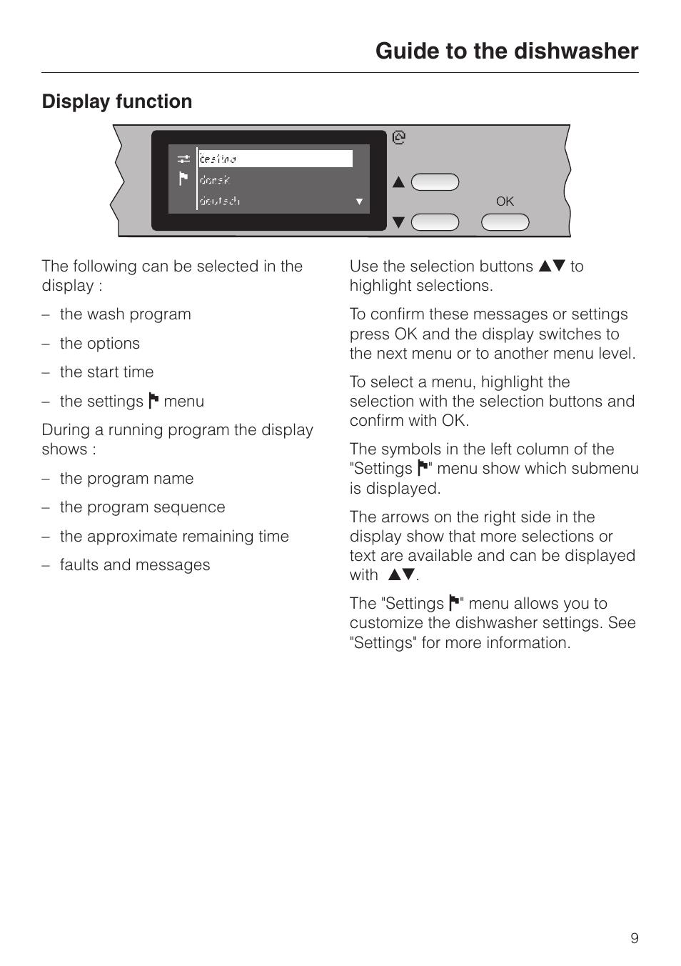 Display function 9, Guide to the dishwasher, Display function | Miele G 2630 SCi User Manual | Page 9 / 72