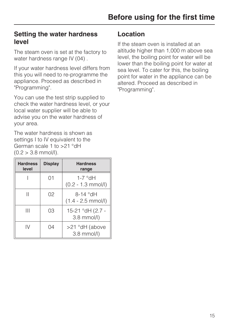 Before using for the first time 15, Setting the water hardness level 15, Location 15 | Before using for the first time, Setting the water hardness level, Location | Miele DG 4164  EN User Manual | Page 15 / 60