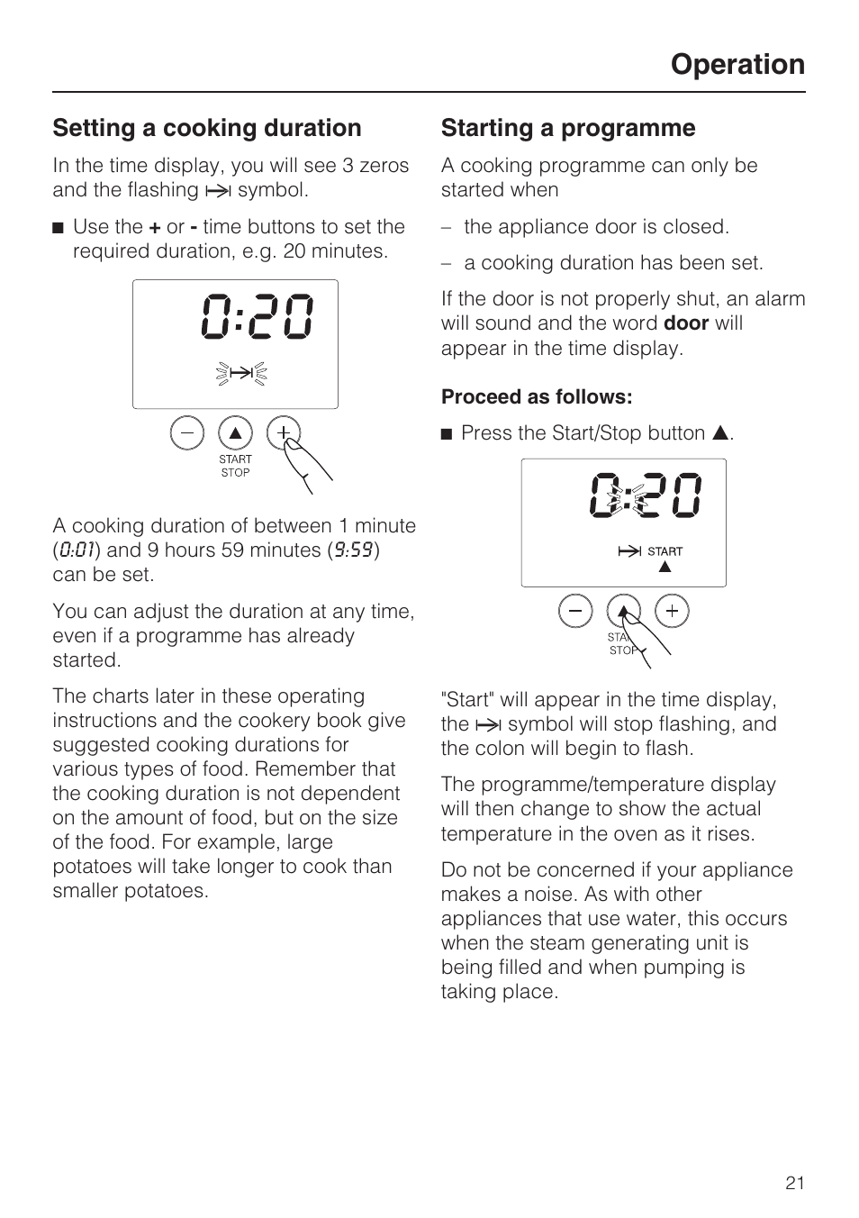 Setting a cooking duration 21, Starting a programme 21, Operation | Setting a cooking duration, Starting a programme | Miele DG 4164  EN User Manual | Page 21 / 60