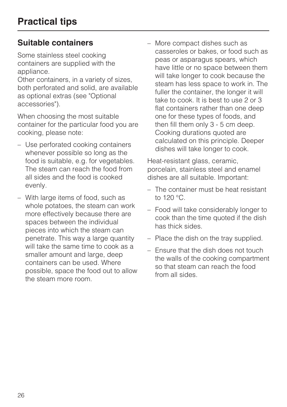 Practical tips 26, Suitable containers 26, Practical tips | Suitable containers | Miele DG 4164  EN User Manual | Page 26 / 60