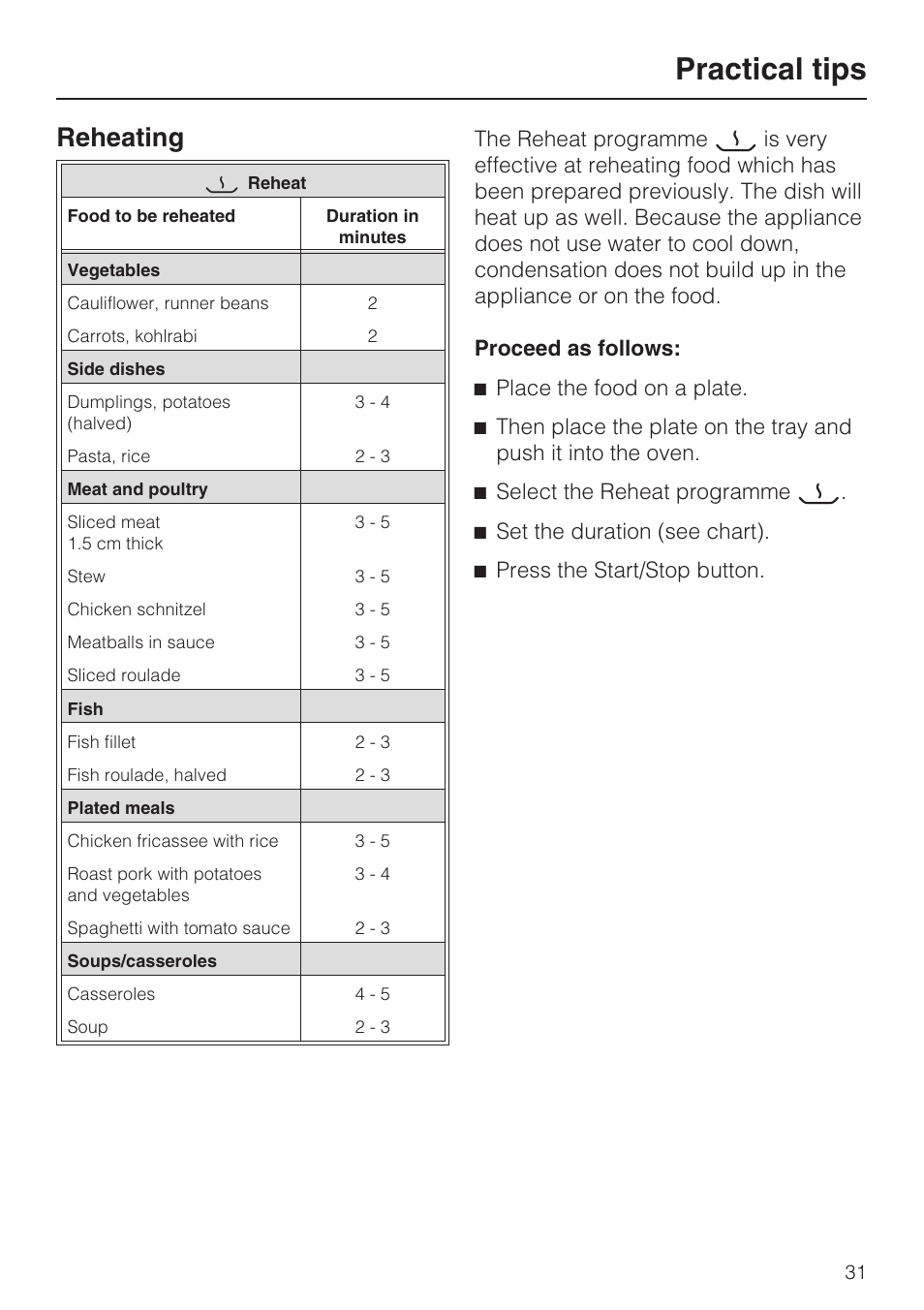 Reheating 31, Practical tips, Reheating | Miele DG 4164  EN User Manual | Page 31 / 60