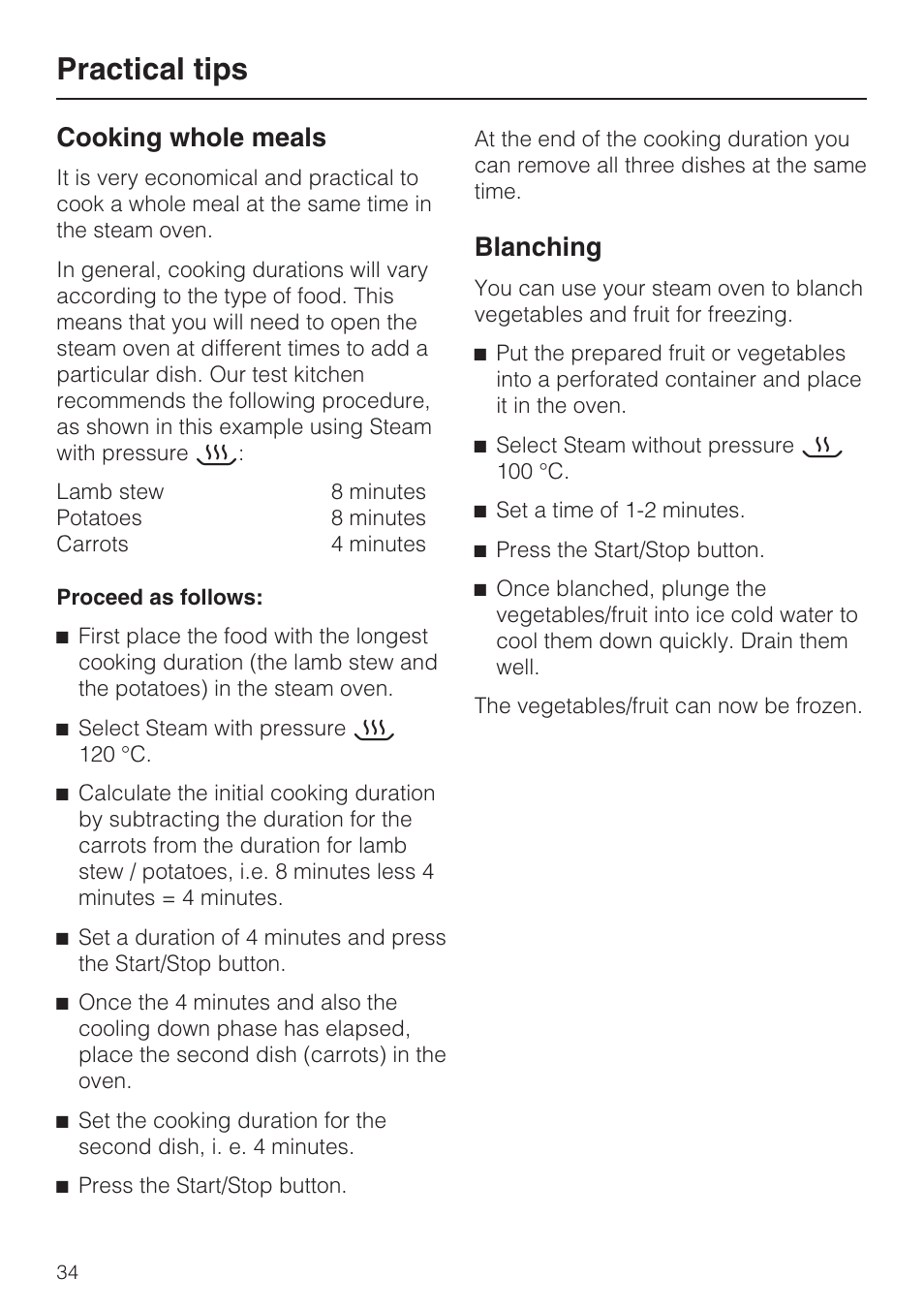 Cooking whole meals 34, Blanching 34, Practical tips | Cooking whole meals, Blanching | Miele DG 4164  EN User Manual | Page 34 / 60