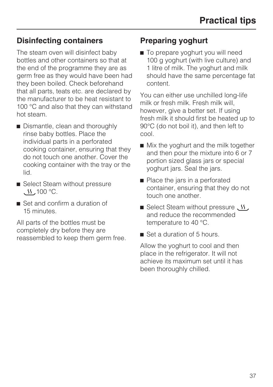 Disinfecting containers 37, Preparing yoghurt 37, Practical tips | Disinfecting containers, Preparing yoghurt | Miele DG 4164  EN User Manual | Page 37 / 60
