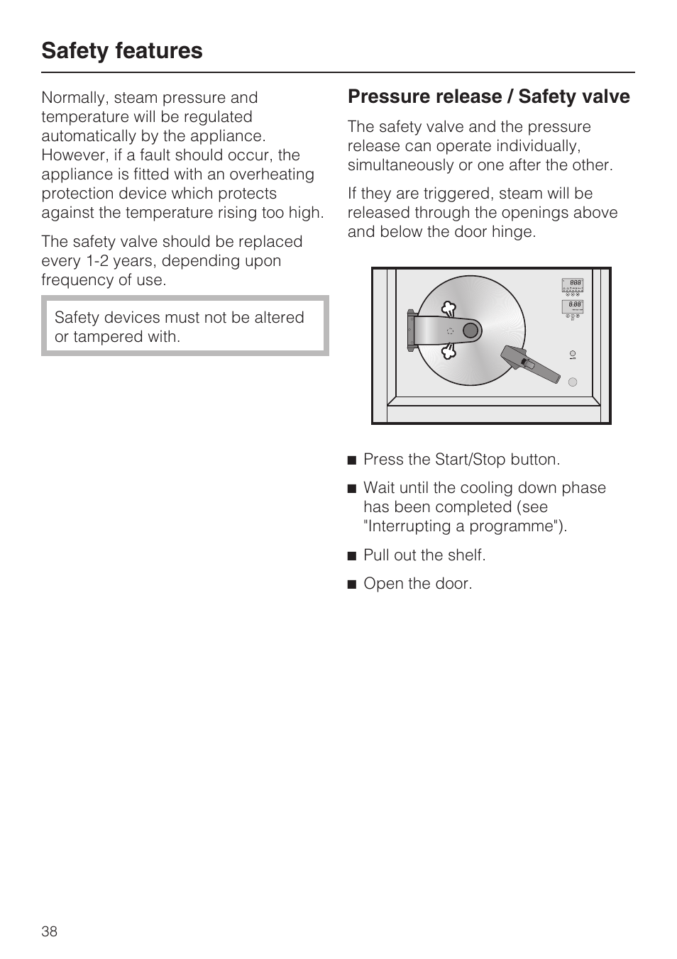 Safety features 38, Pressure release / safety valve 38, Safety features | Pressure release / safety valve | Miele DG 4164  EN User Manual | Page 38 / 60