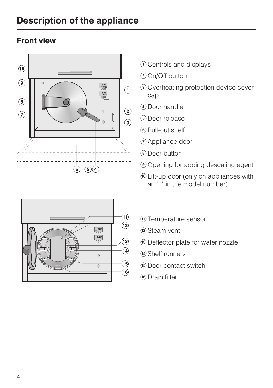 Description of the appliance 4, Front view 4, Description of the appliance | Front view | Miele DG 4164  EN User Manual | Page 4 / 60