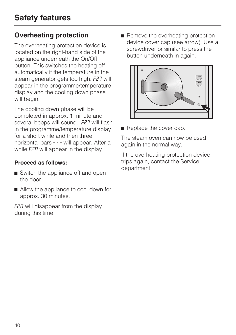 Overheating protection 40, Safety features, Overheating protection | Miele DG 4164  EN User Manual | Page 40 / 60
