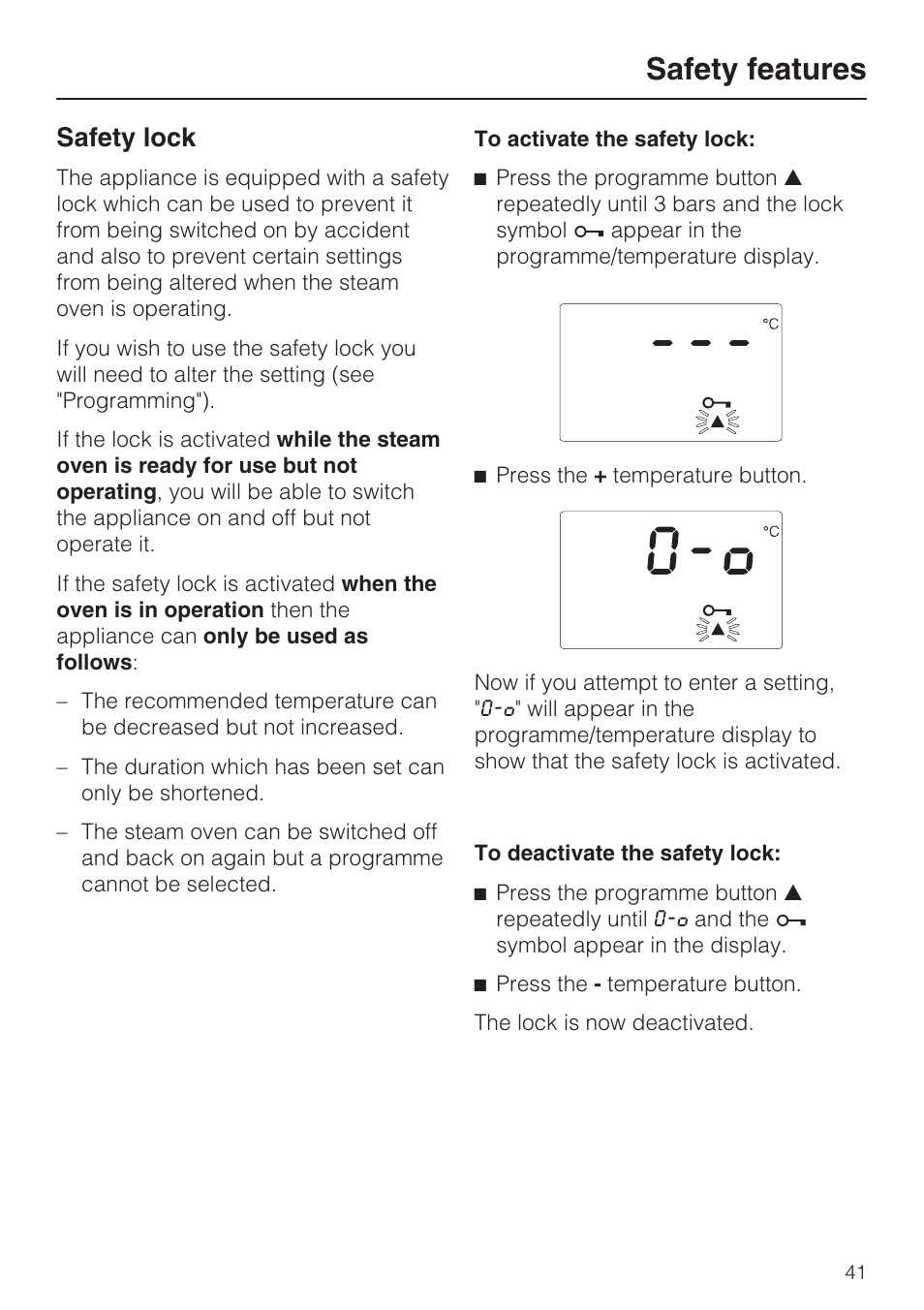 Safety lock 41, Safety features, Safety lock | Miele DG 4164  EN User Manual | Page 41 / 60