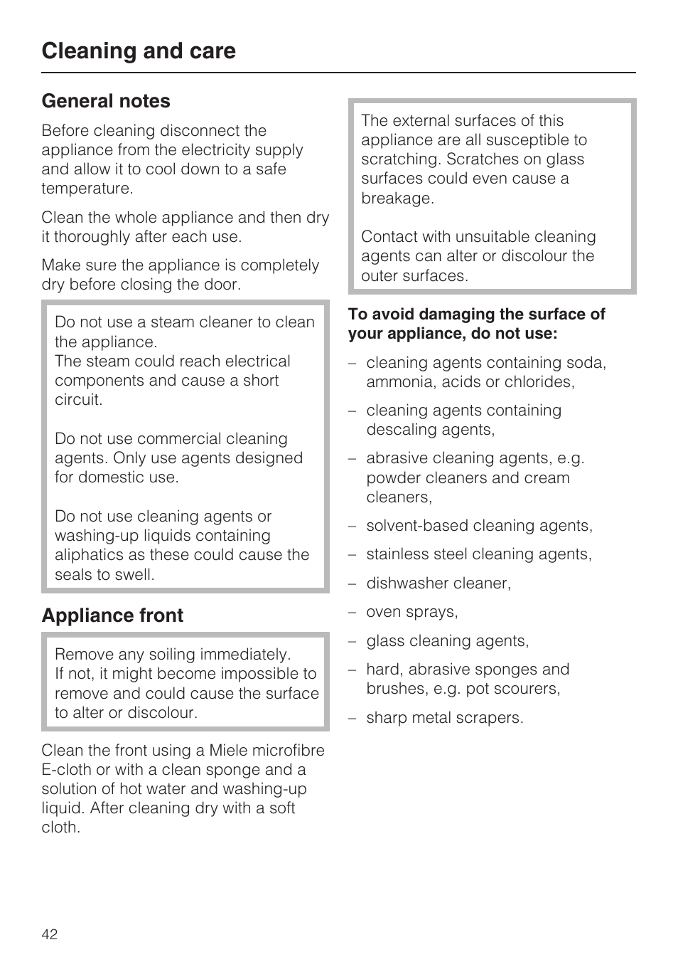 Cleaning and care 42, General notes 42, Appliance front 42 | Cleaning and care, Appliance front | Miele DG 4164  EN User Manual | Page 42 / 60