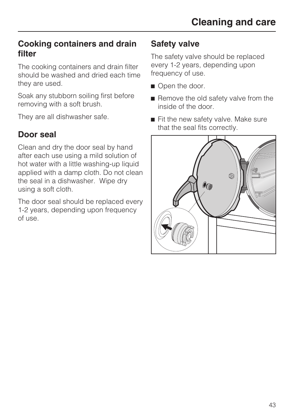 Cooking containers and drain filter 43, Door seal 43, Safety valve 43 | Cleaning and care, Cooking containers and drain filter, Door seal, Safety valve | Miele DG 4164  EN User Manual | Page 43 / 60