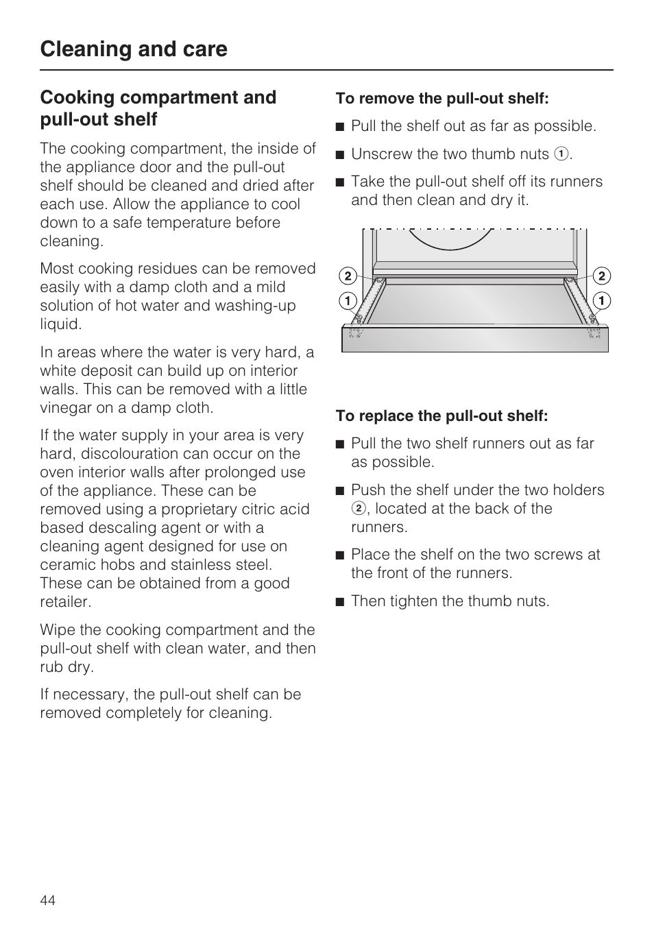 Cooking compartment and pull-out shelf 44, Cleaning and care, Cooking compartment and pull-out shelf | Miele DG 4164  EN User Manual | Page 44 / 60