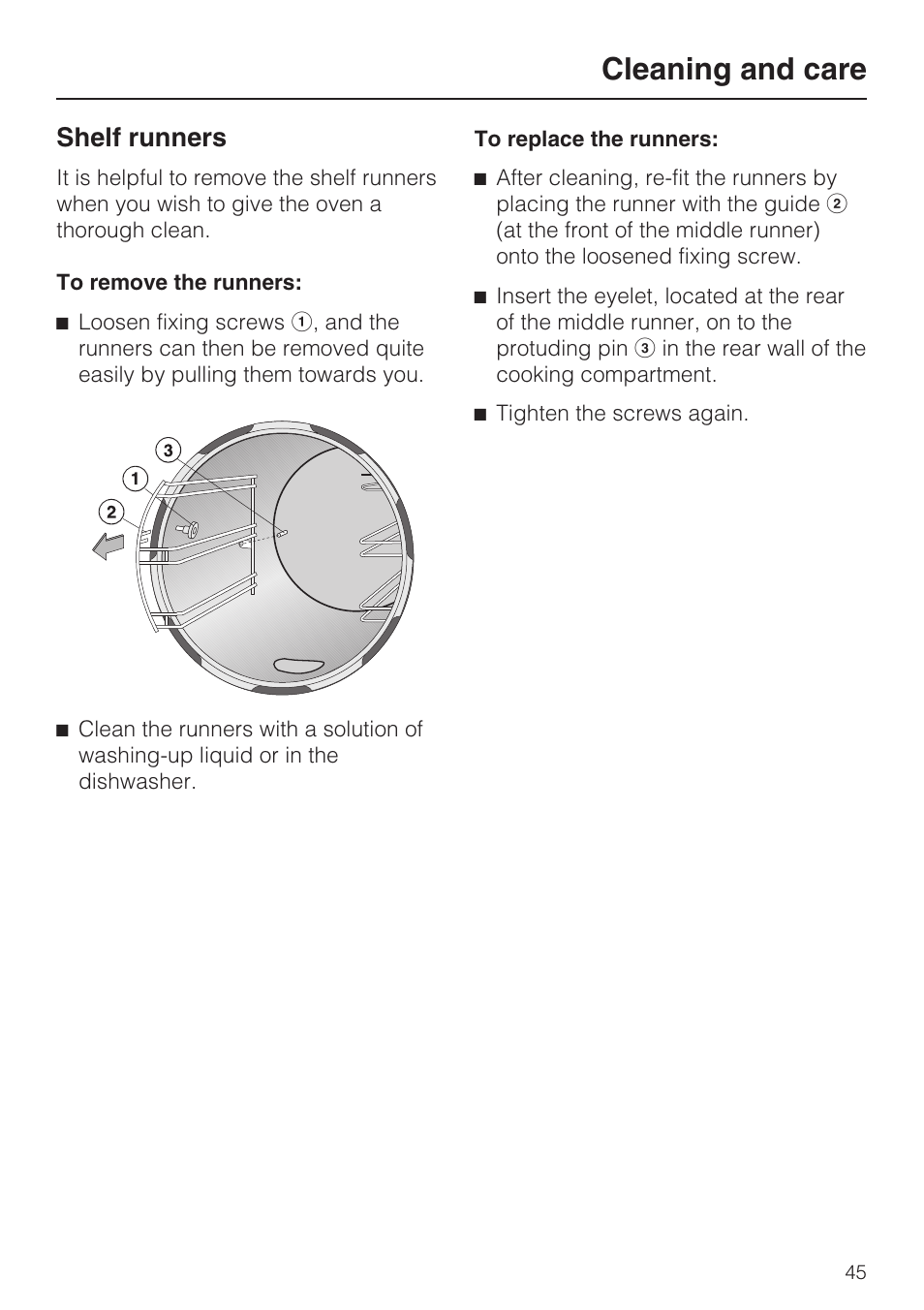 Shelf runners 45, Cleaning and care, Shelf runners | Miele DG 4164  EN User Manual | Page 45 / 60