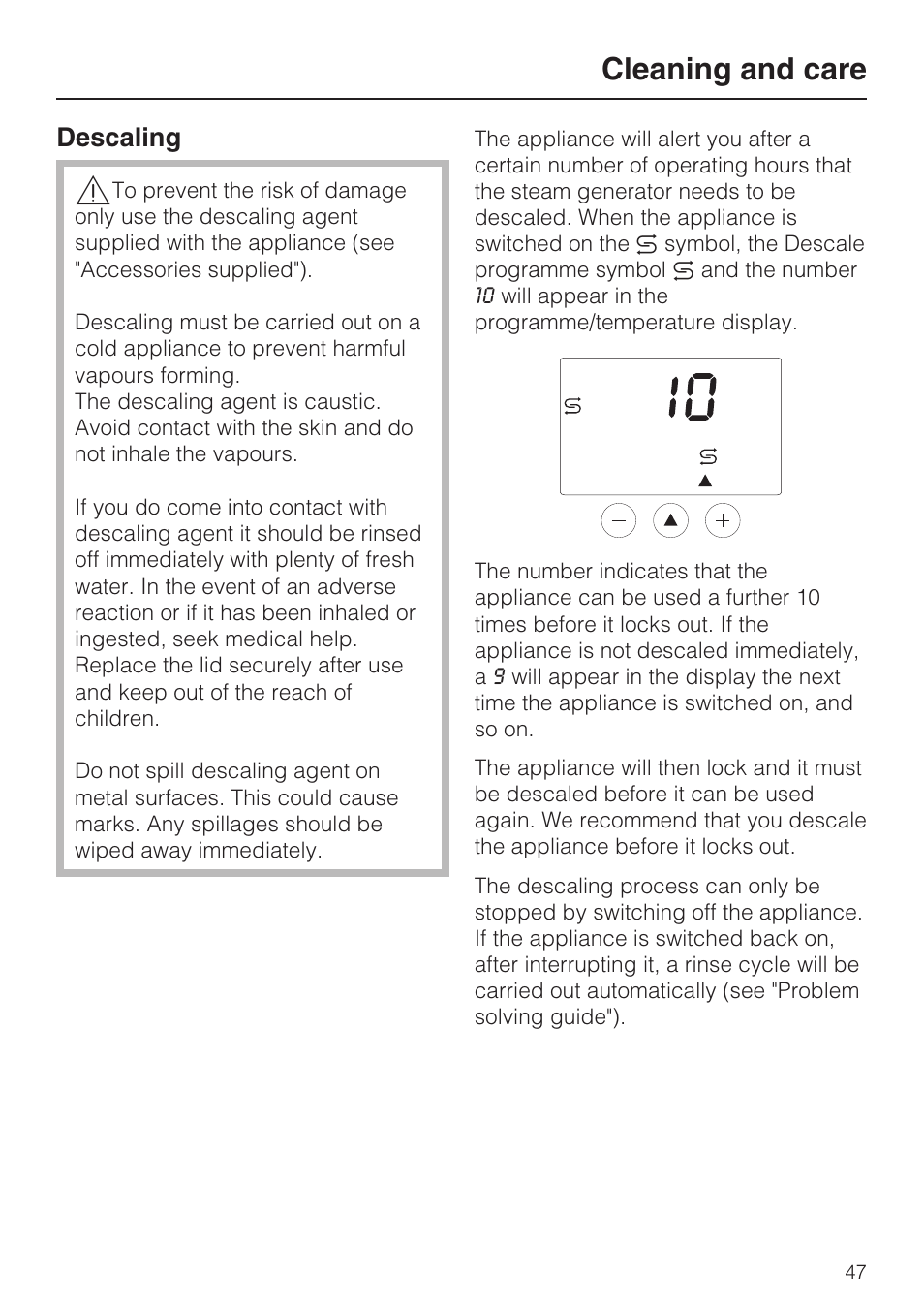 Descaling 47, Cleaning and care, Descaling | Miele DG 4164  EN User Manual | Page 47 / 60