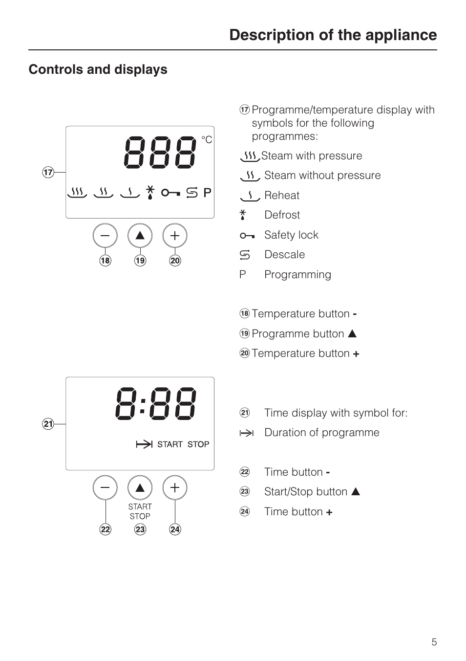 Controls and displays 5, Description of the appliance, Controls and displays | Miele DG 4164  EN User Manual | Page 5 / 60
