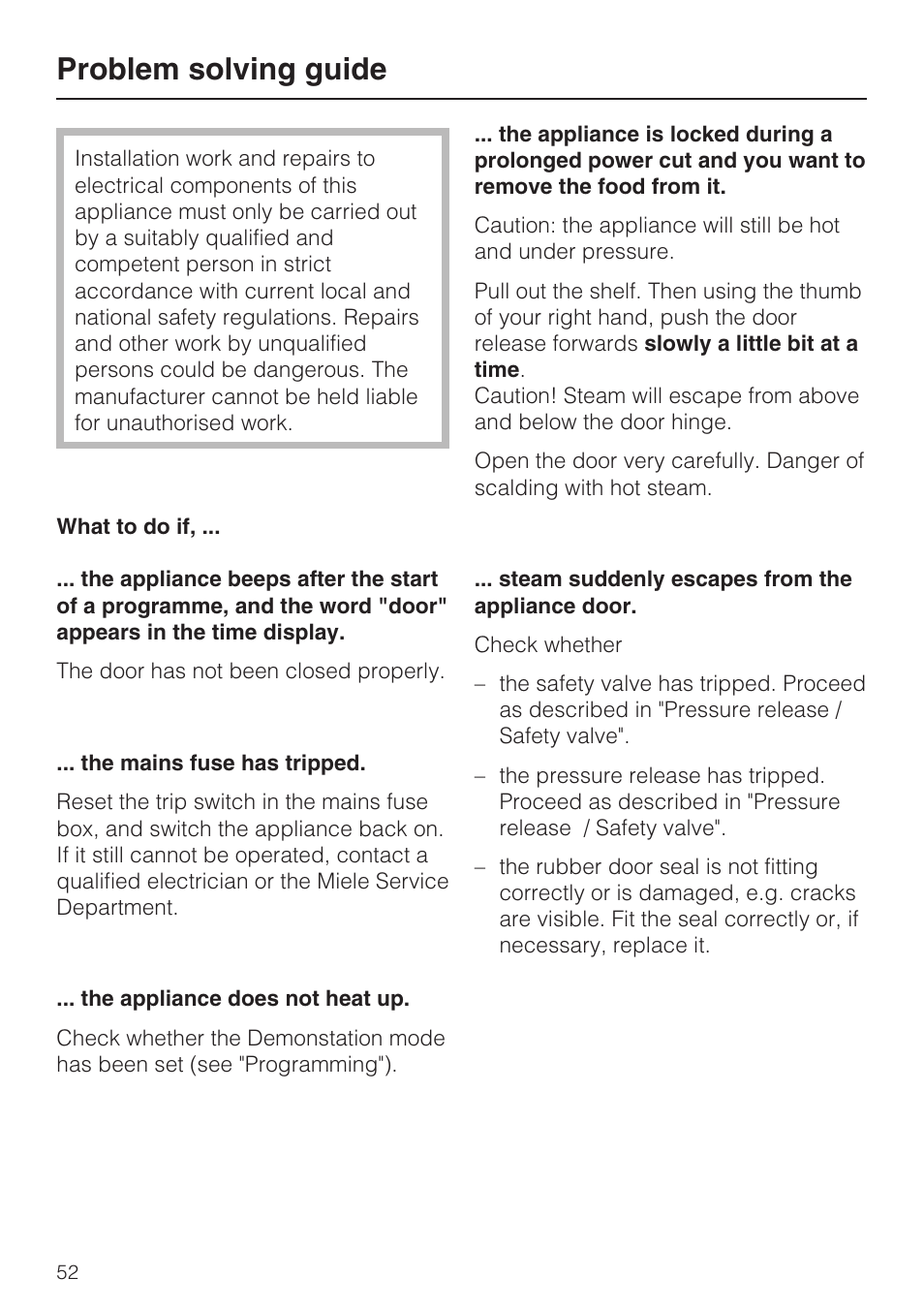 Problem solving guide 52, Problem solving guide | Miele DG 4164  EN User Manual | Page 52 / 60