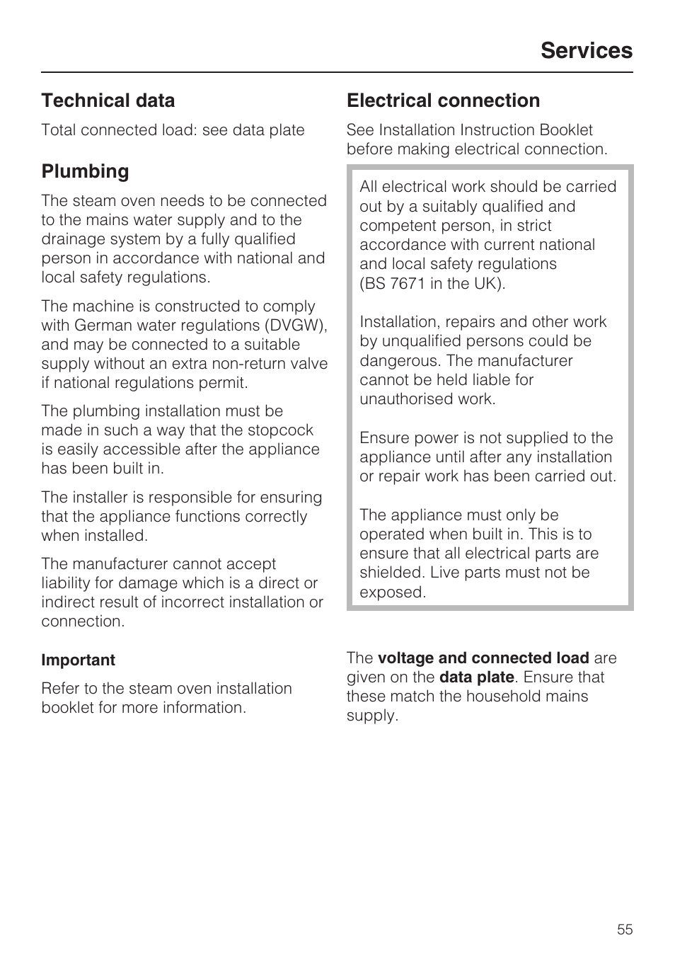 Services 55, Technical data 55, Plumbing 55 | Electrical connection 55, Services, Technical data, Plumbing, Electrical connection | Miele DG 4164  EN User Manual | Page 55 / 60