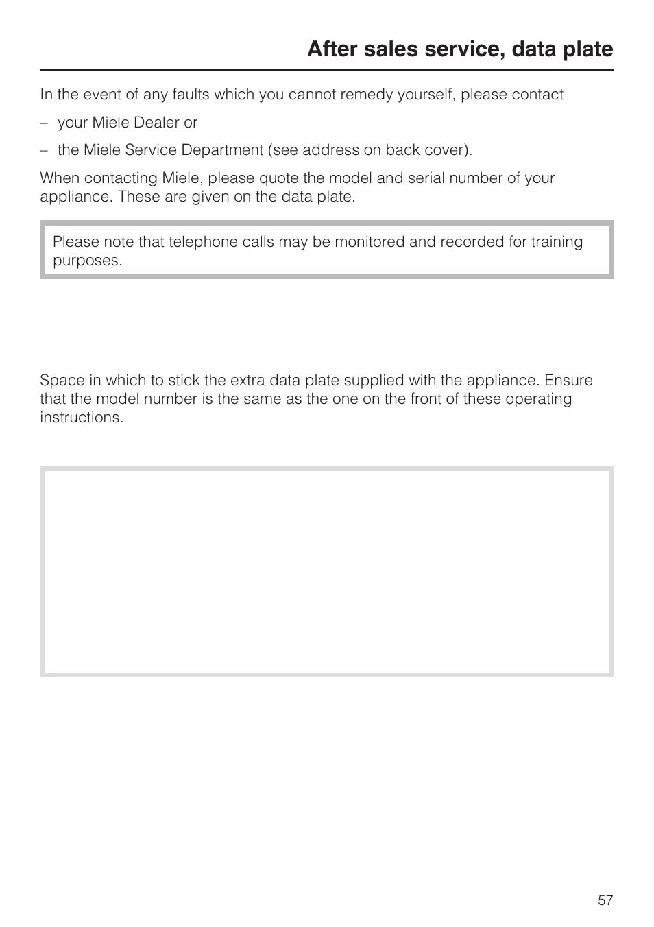 After sales service, data plate 57, After sales service, data plate | Miele DG 4164  EN User Manual | Page 57 / 60