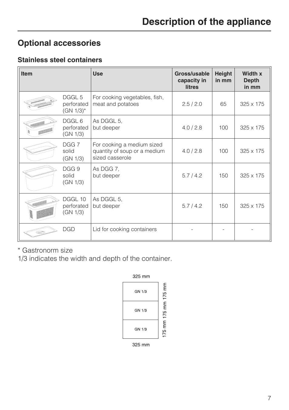 Optional accessories 7, Description of the appliance, Optional accessories | Miele DG 4164  EN User Manual | Page 7 / 60