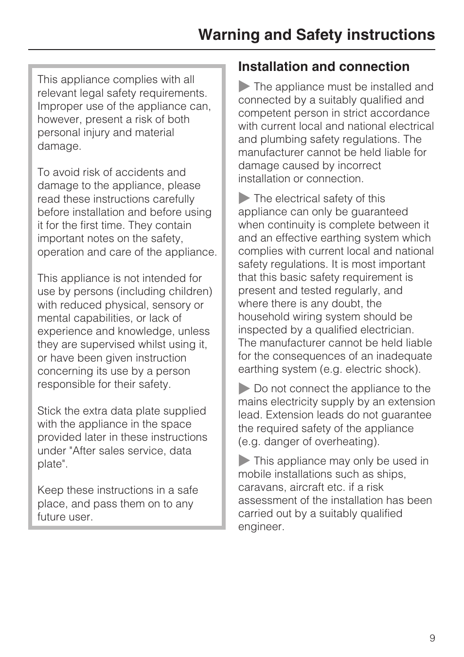 Warning and safety instructions 9, Warning and safety instructions | Miele DG 4164  EN User Manual | Page 9 / 60