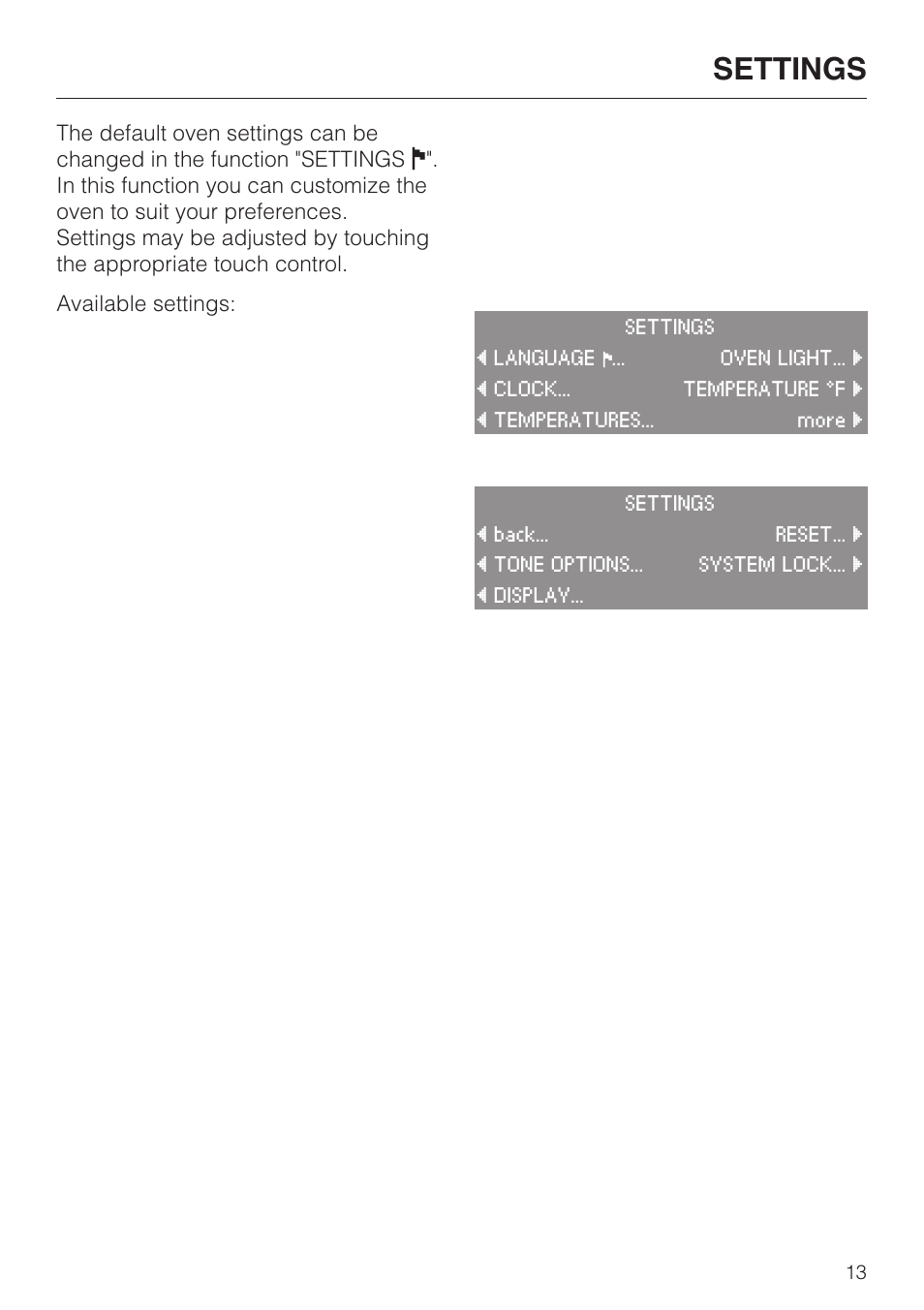 Settings 13, Settings | Miele H4680B User Manual | Page 13 / 76