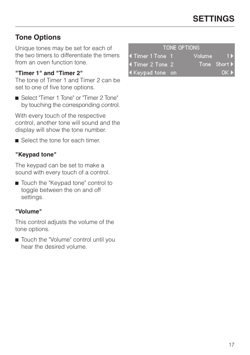 Tone options 17, Settings, Tone options | Miele H4680B User Manual | Page 17 / 76