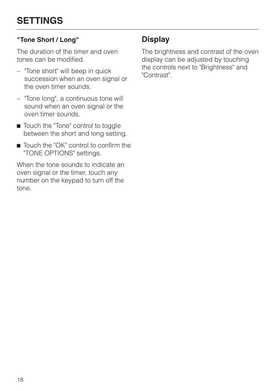 Display 18, Settings, Display | Miele H4680B User Manual | Page 18 / 76